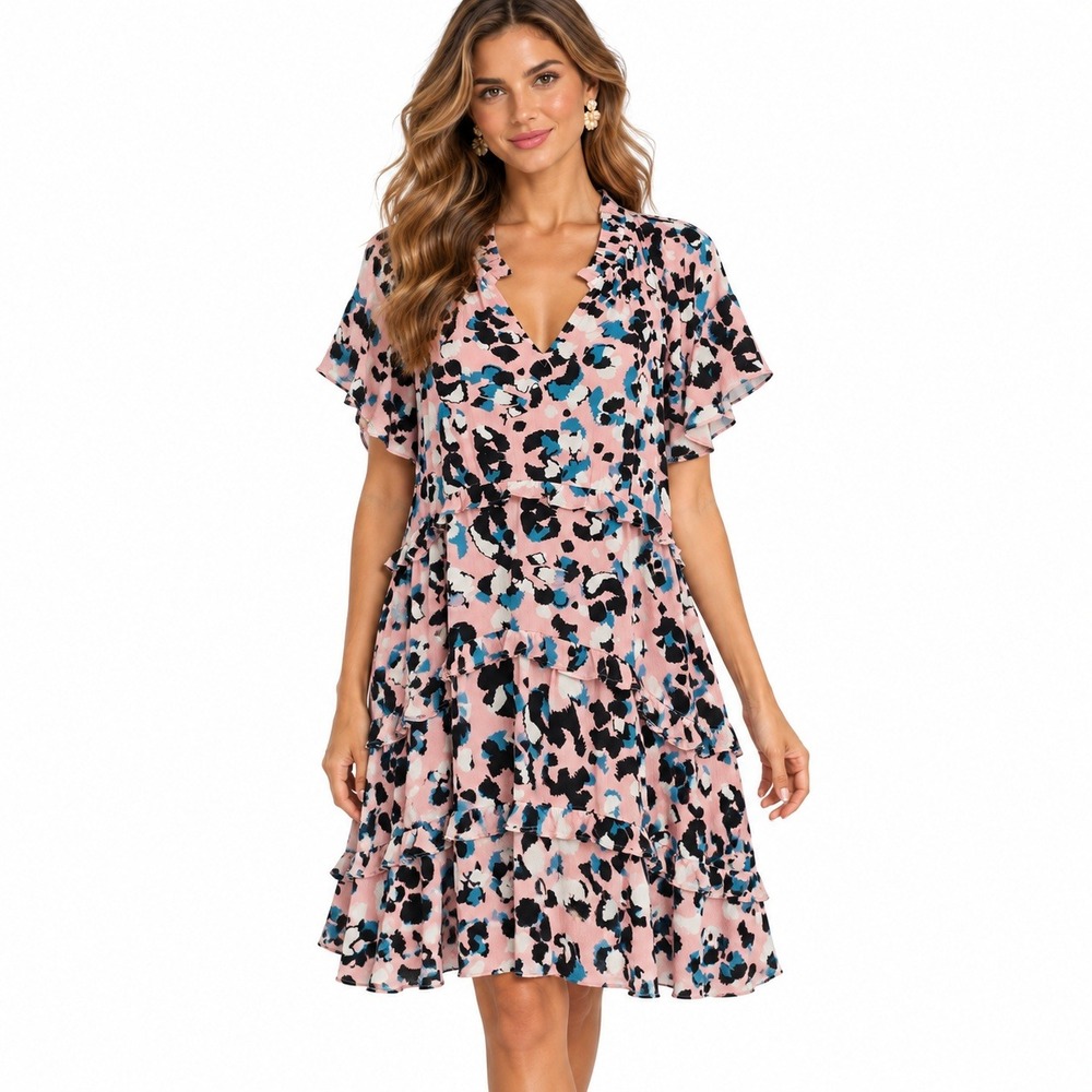Anthropologie Robin Tiered Mini Dress Medium Pink Abstract Print Boho Ruffle